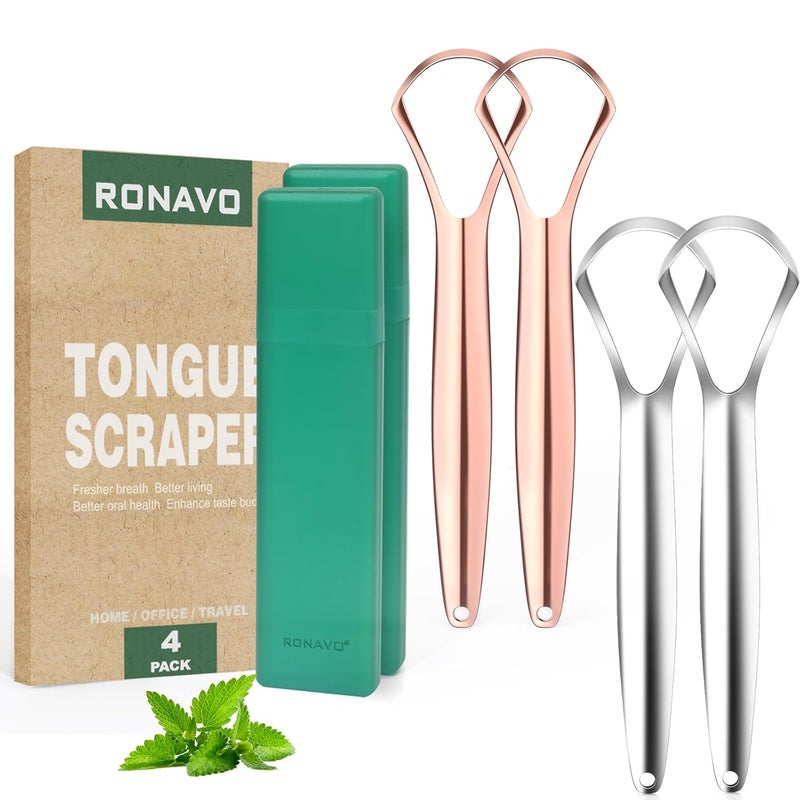 RONAVO Tongue Scraper for Adults (4 PC), Metal Tongue Scraper Rustproof (Travel Cases Included) Reduce Bad Breath, Tounge Scrappers Oral Care, Easy to Use & Wash, 2 Colors - Image 1